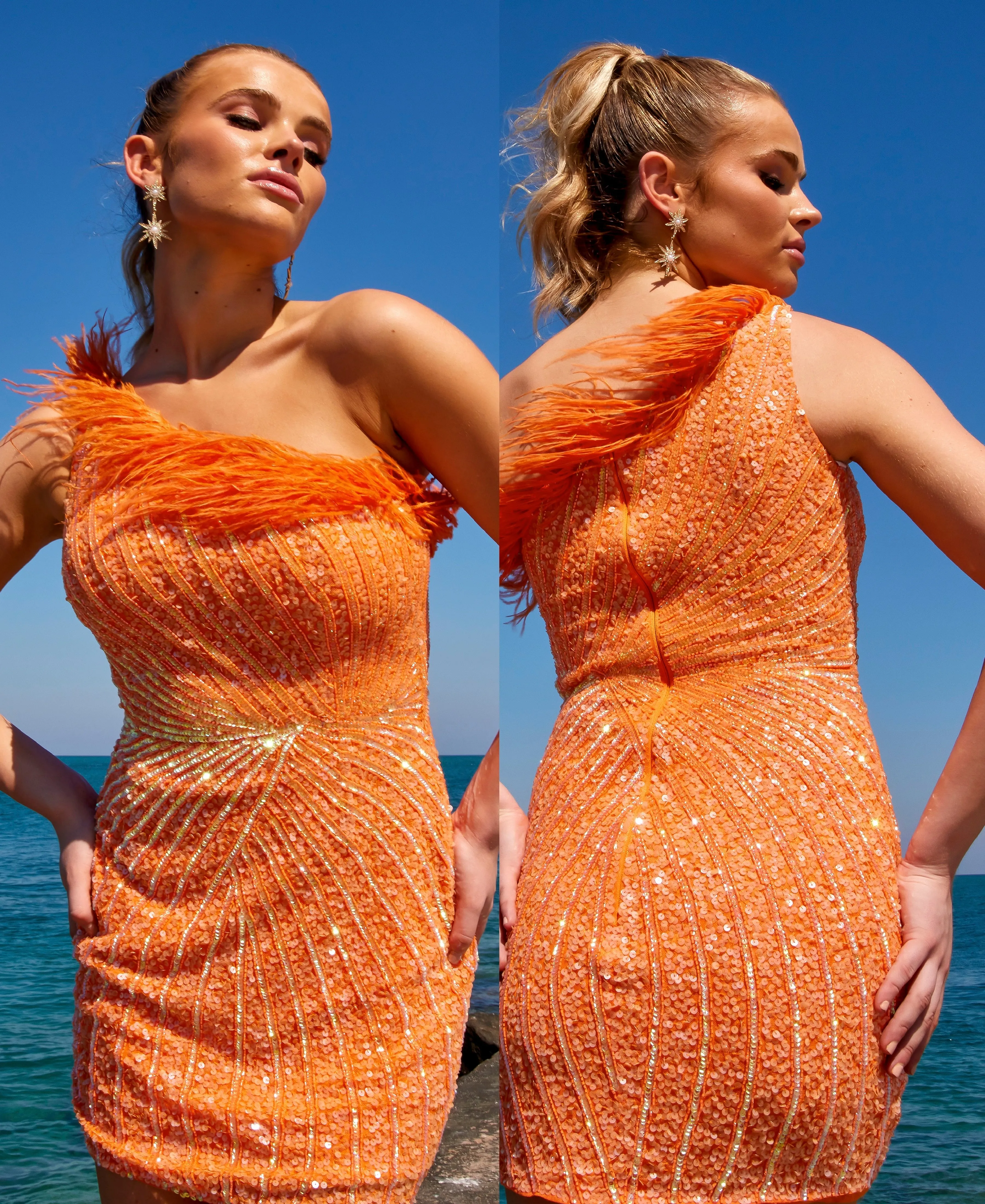 Primavera Couture 4002 Feather Trimmed Cocktail Dress One Shoulder Sequins