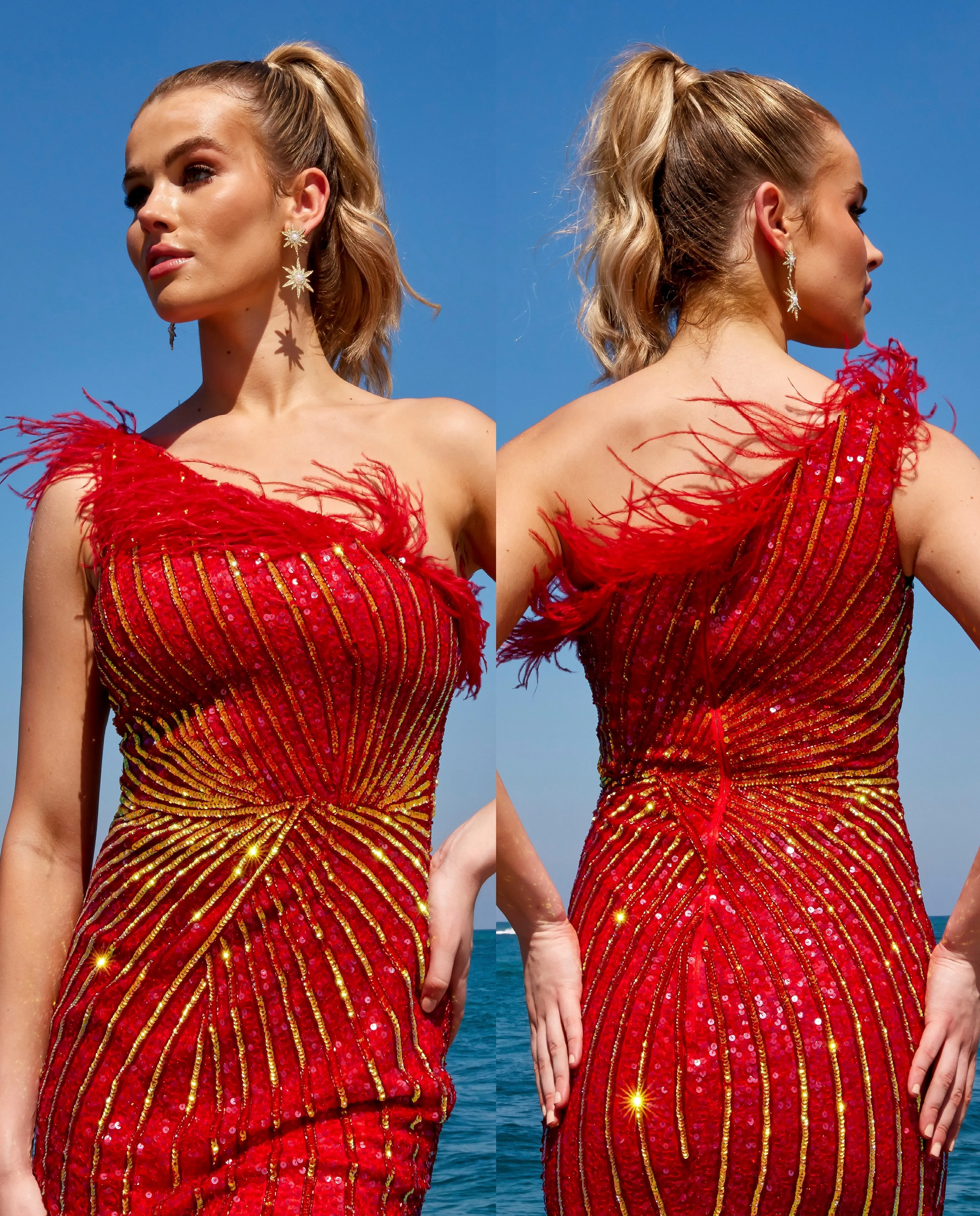 Primavera Couture 4002 Feather Trimmed Cocktail Dress One Shoulder Sequins