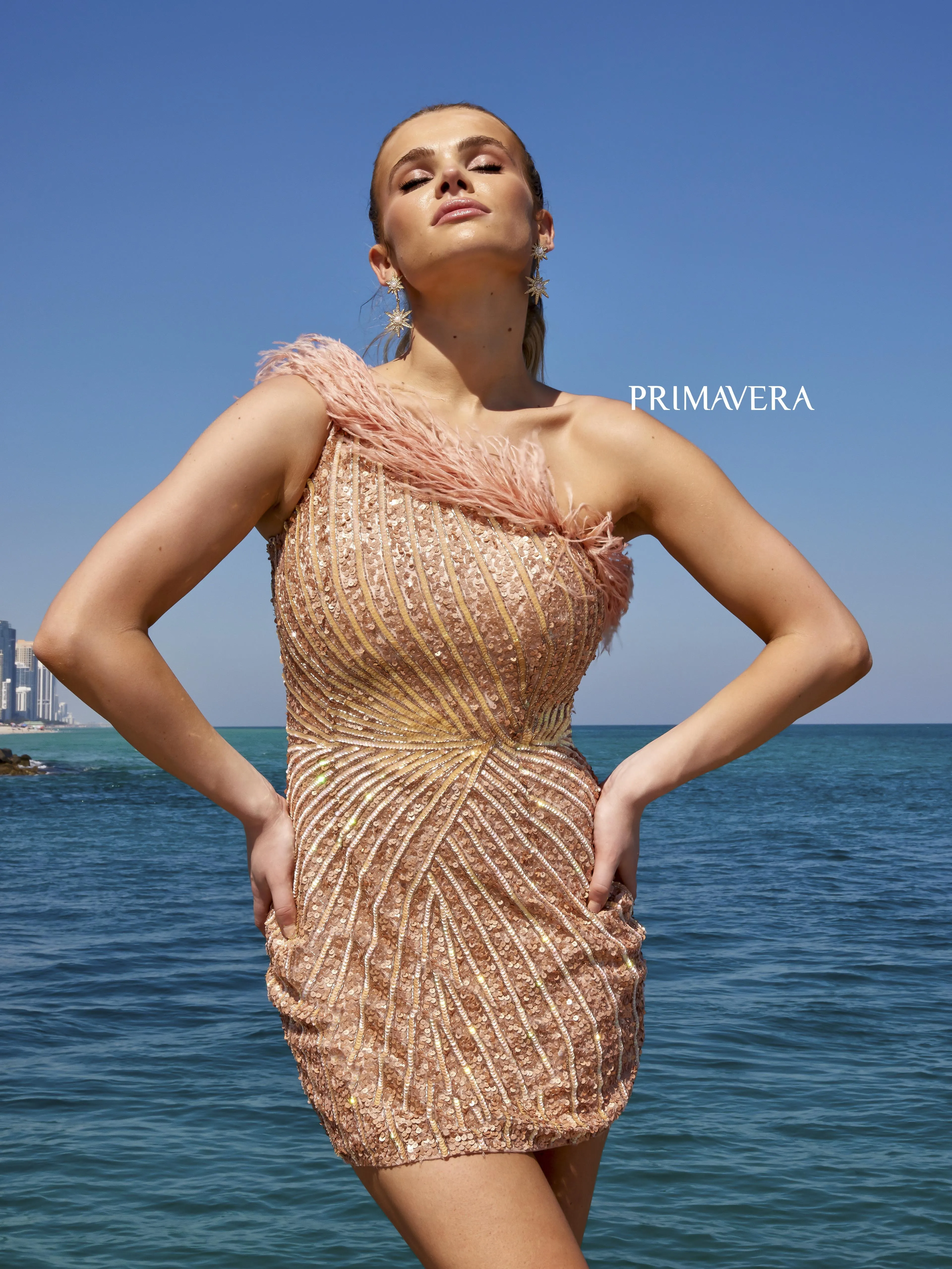 Primavera Couture 4002 Feather Trimmed Cocktail Dress One Shoulder Sequins