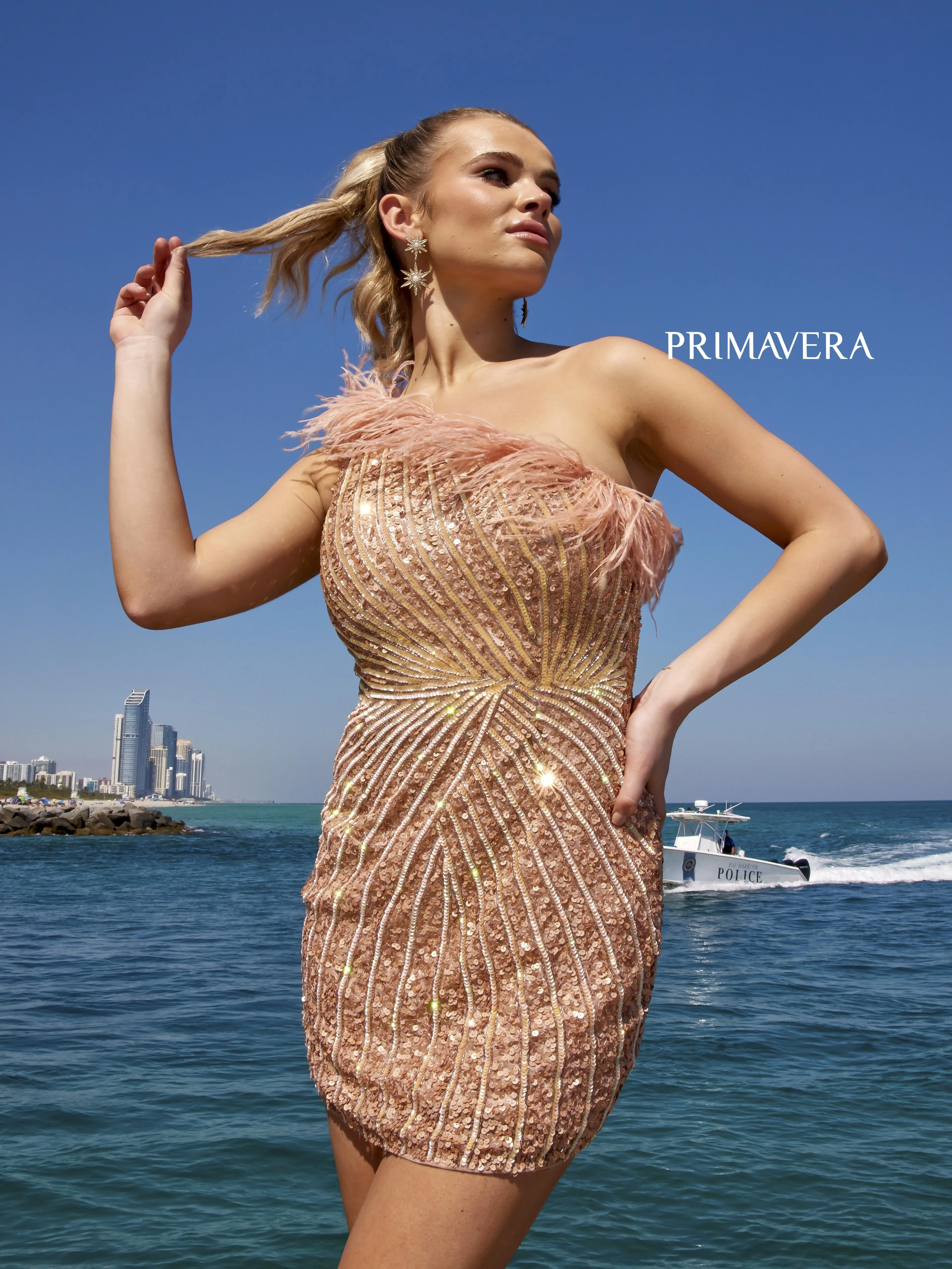 Primavera Couture 4002 Feather Trimmed Cocktail Dress One Shoulder Sequins