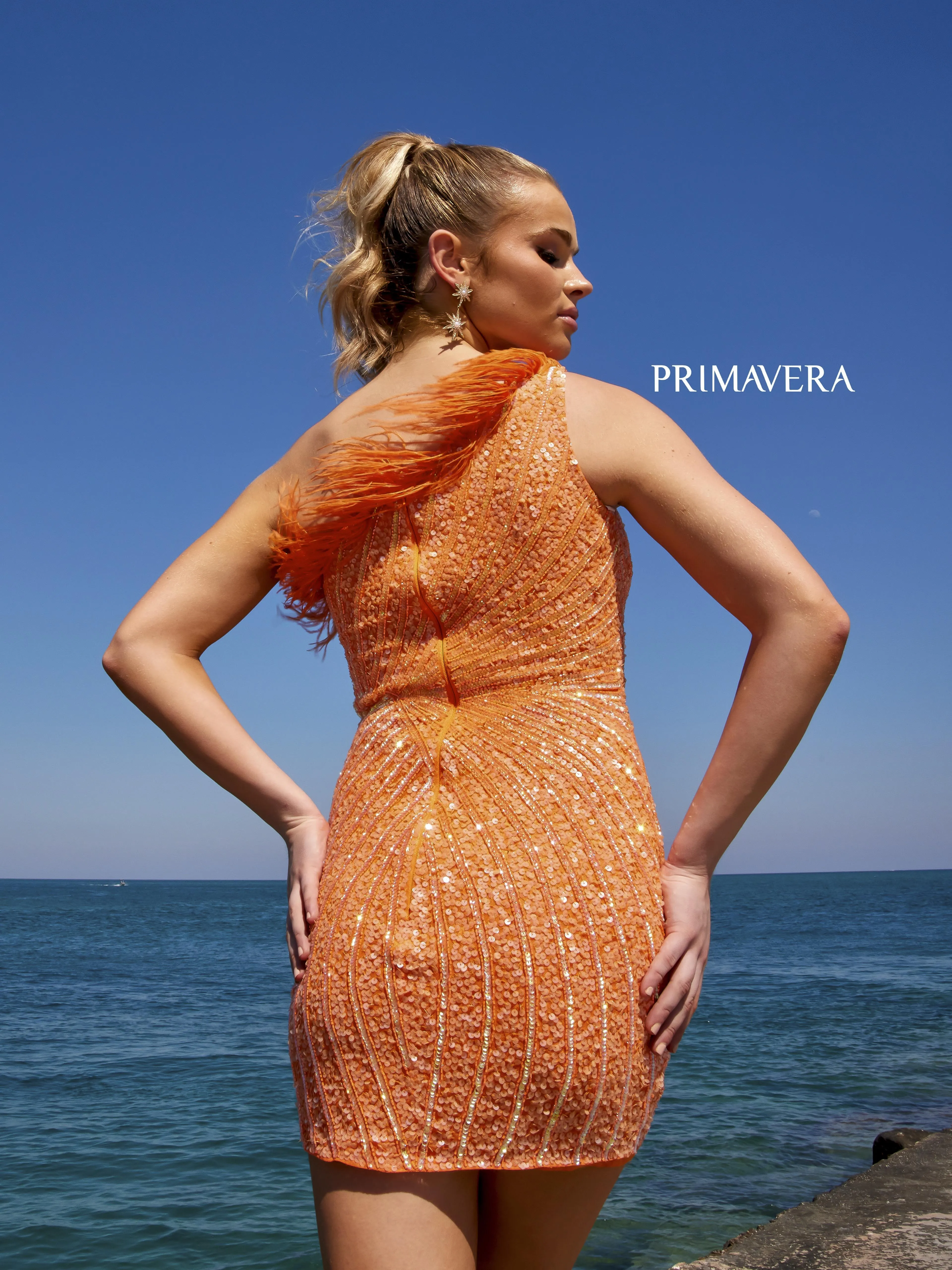 Primavera Couture 4002 Feather Trimmed Cocktail Dress One Shoulder Sequins