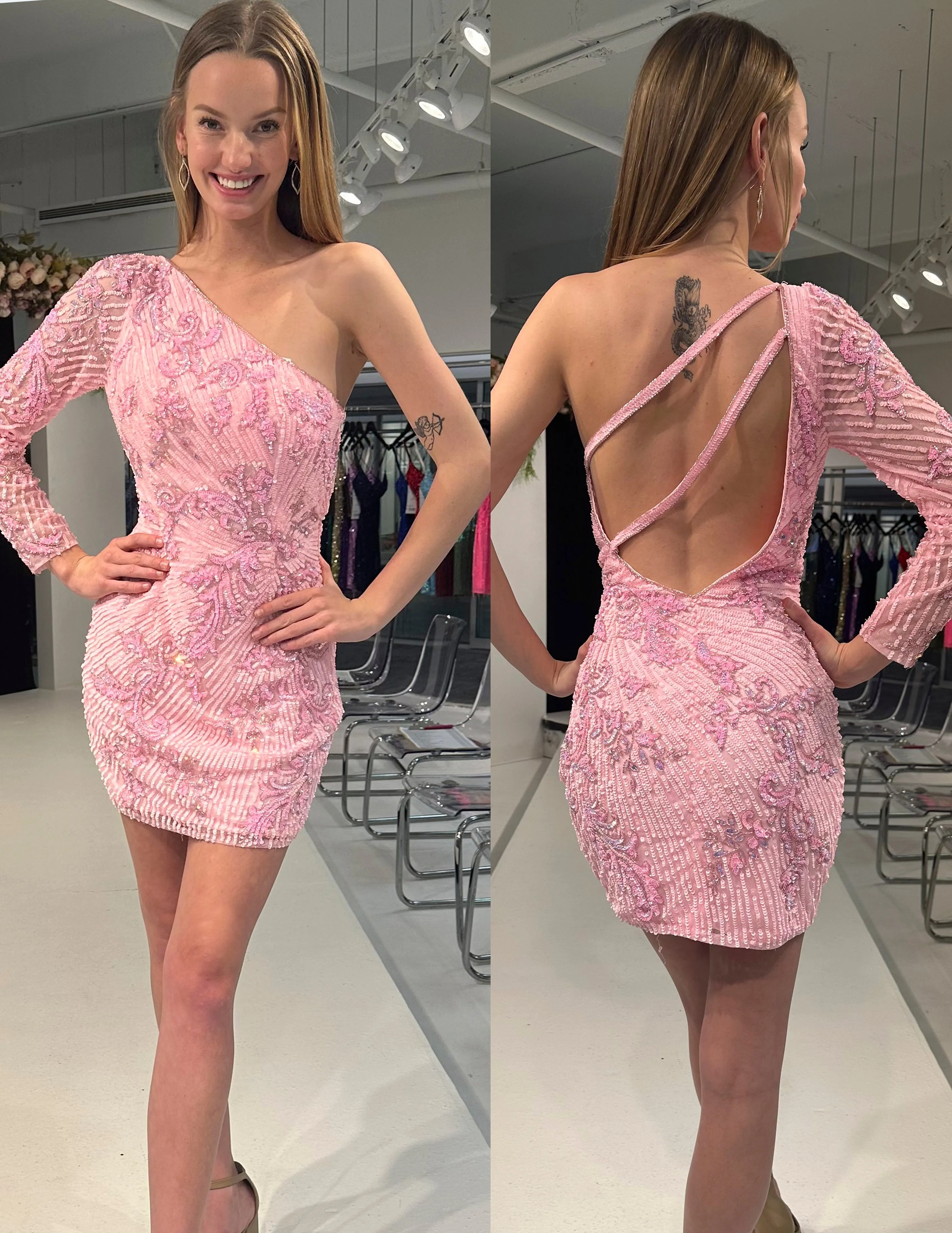 Primavera Couture 4024 Long Sleeve Cocktail Dress One Shoulder Beaded Sequin Homecoming Dress