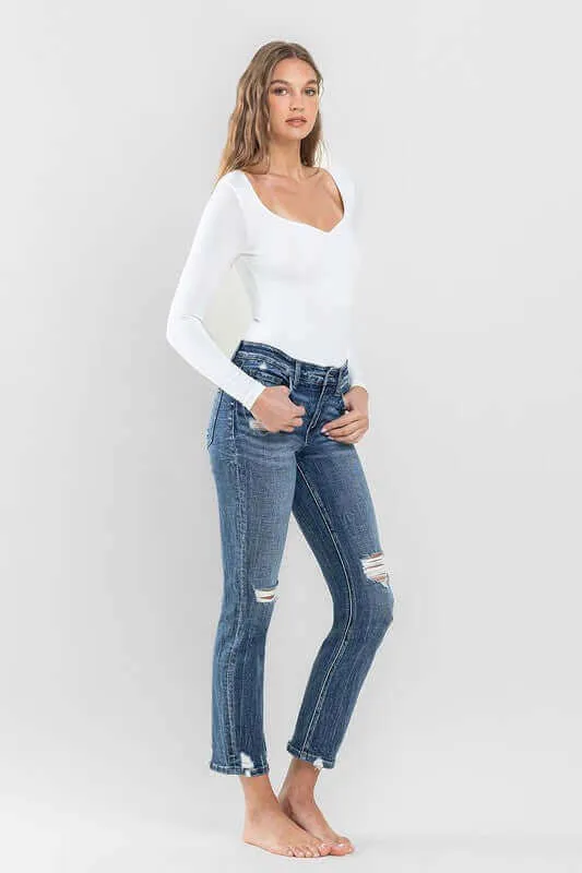 Providence Blue Mid Rise Distressed Crop Slim Straight Jeans