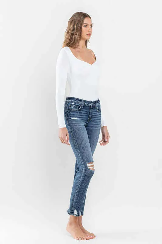 Providence Blue Mid Rise Distressed Crop Slim Straight Jeans