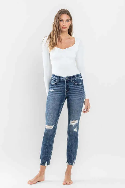 Providence Blue Mid Rise Distressed Crop Slim Straight Jeans