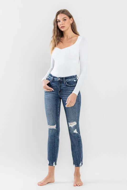 Providence Blue Mid Rise Distressed Crop Slim Straight Jeans