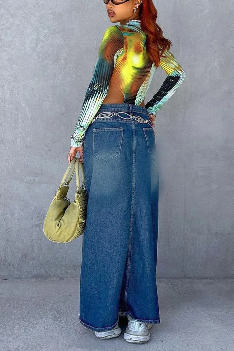QB841 Pencil Denim Maxi Skirt