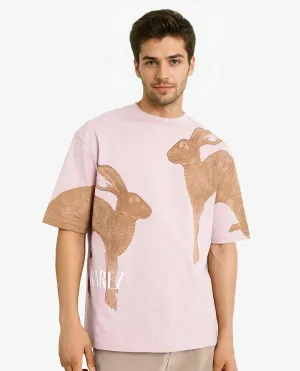 Rare Rabbit Men Bunn Dusky Pink Short Sleeve Crew Neck Oversized Fit Graphic Print T-Shirt