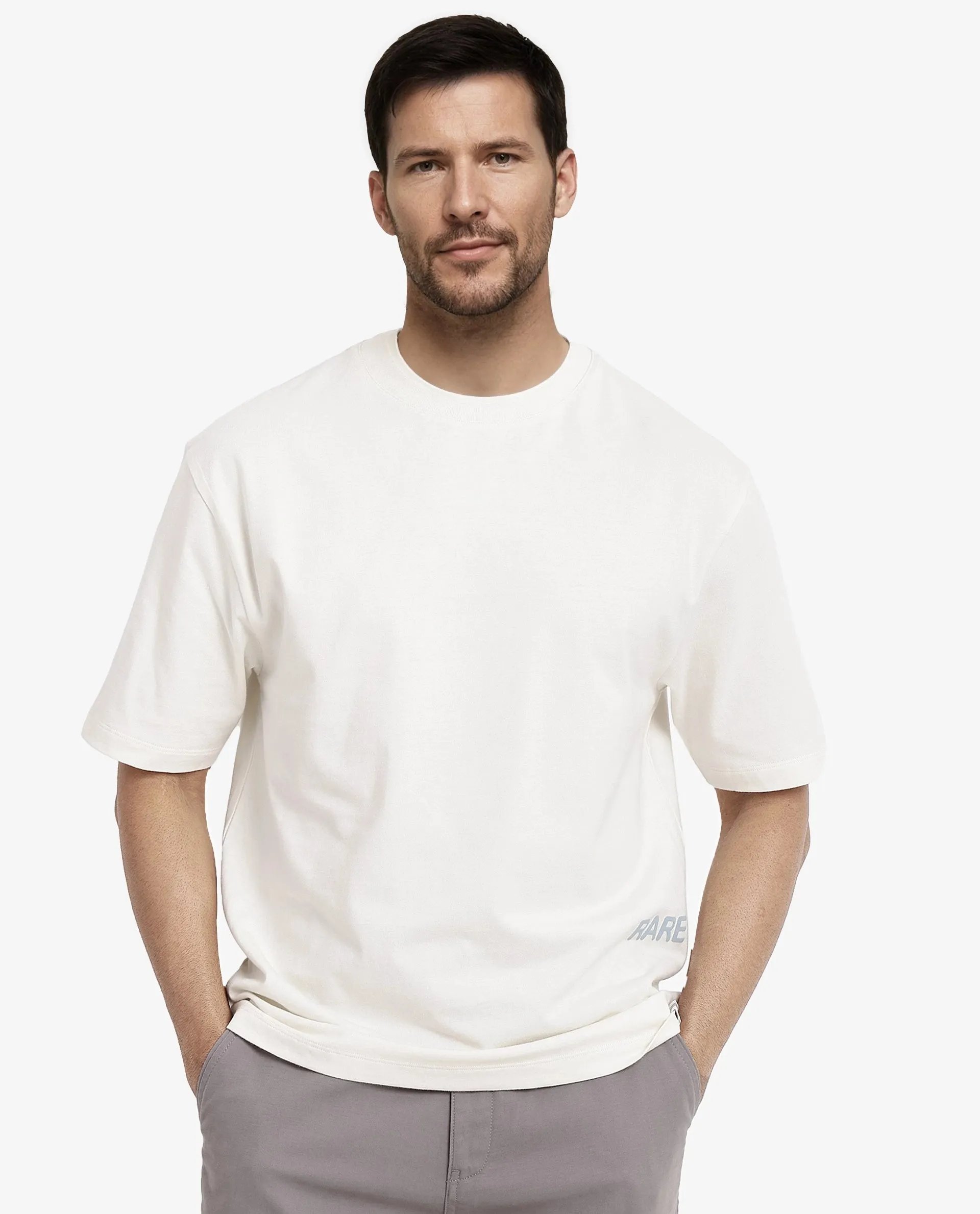 Rare Rabbit Men Nobs Off White Short Sleeve Crew Neck Oversized Fit Graphic Print T-Shirt
