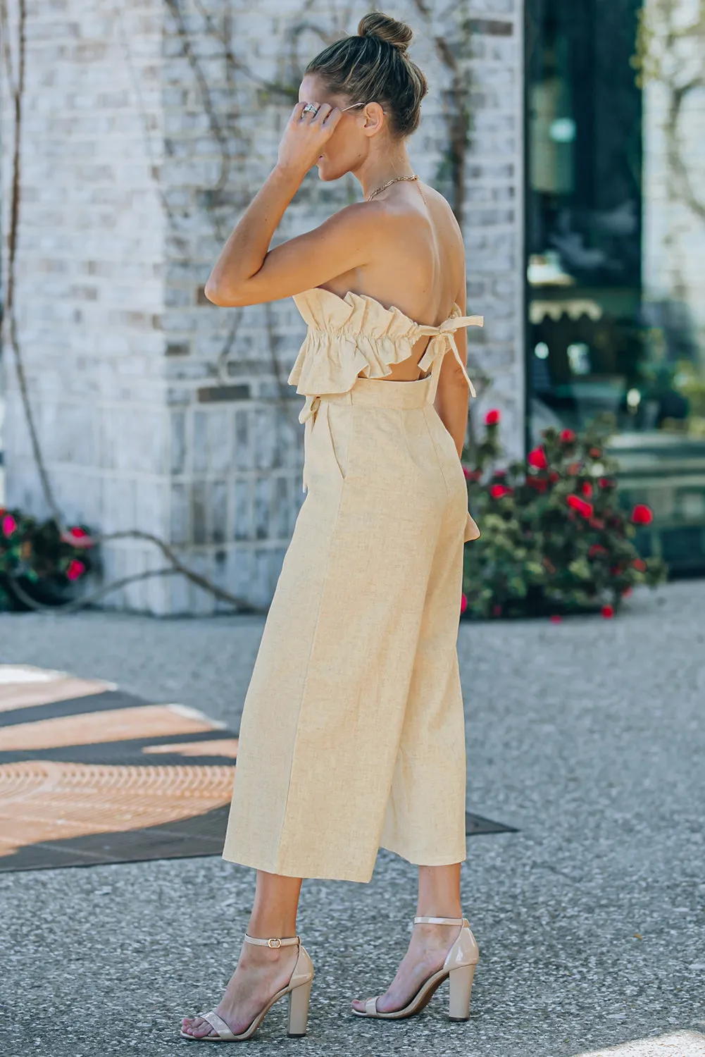 Ruffled 100% Cotton Strapless Wide Leg Tie Back One-piece Jumpsuit
