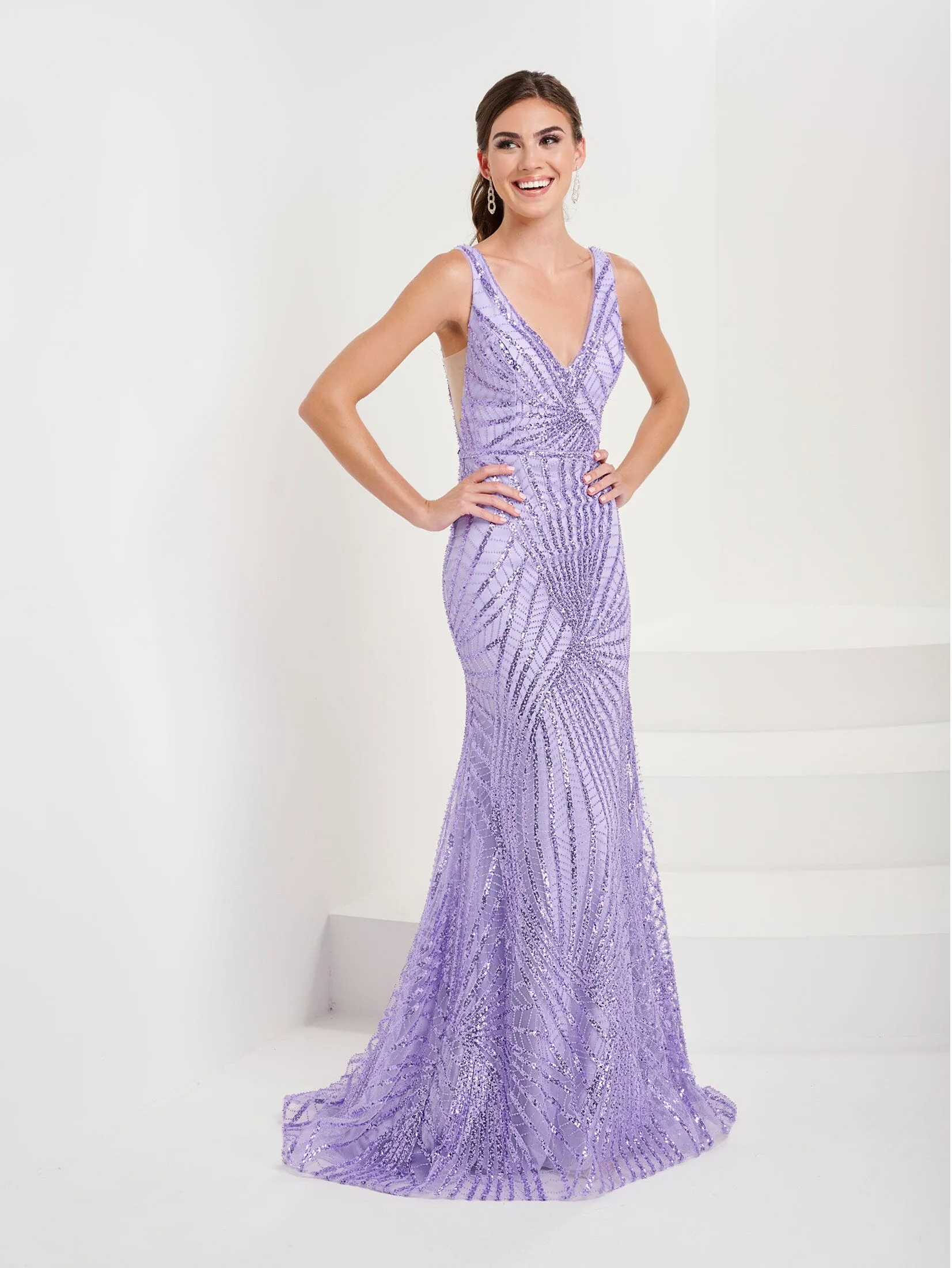 Sequin Print V-Neck Trumpet Dress by Tiffany Designs 16073