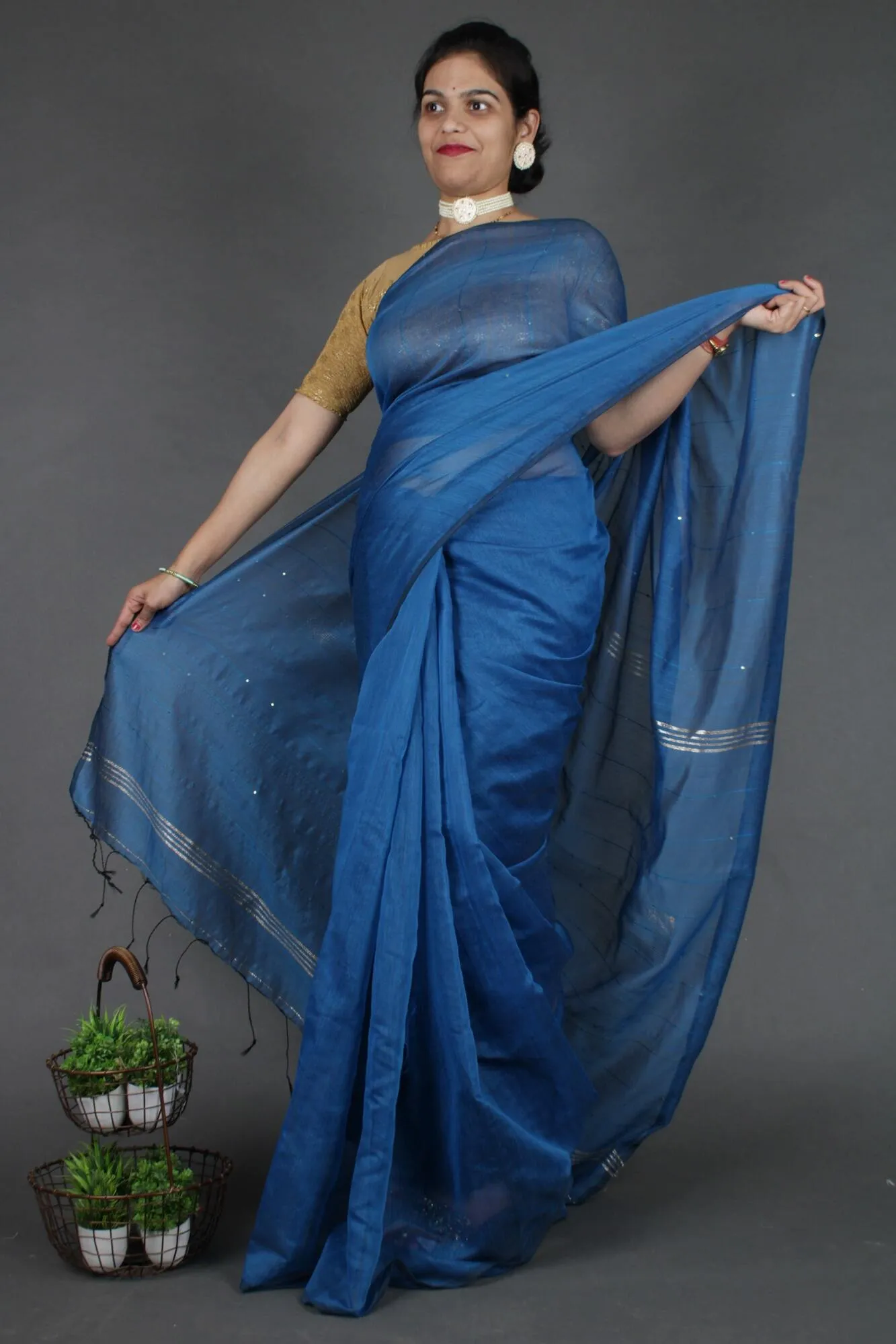 Teal Blue Cotton Silk Pure Handloom Saree With Sequin Block Work and Zari wrap in 1 minute saree