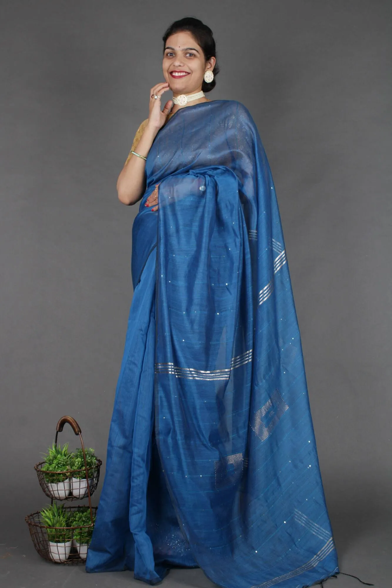 Teal Blue Cotton Silk Pure Handloom Saree With Sequin Block Work and Zari wrap in 1 minute saree