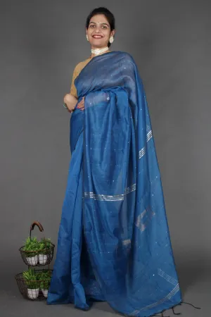 Teal Blue Cotton Silk Pure Handloom Saree With Sequin Block Work and Zari wrap in 1 minute saree