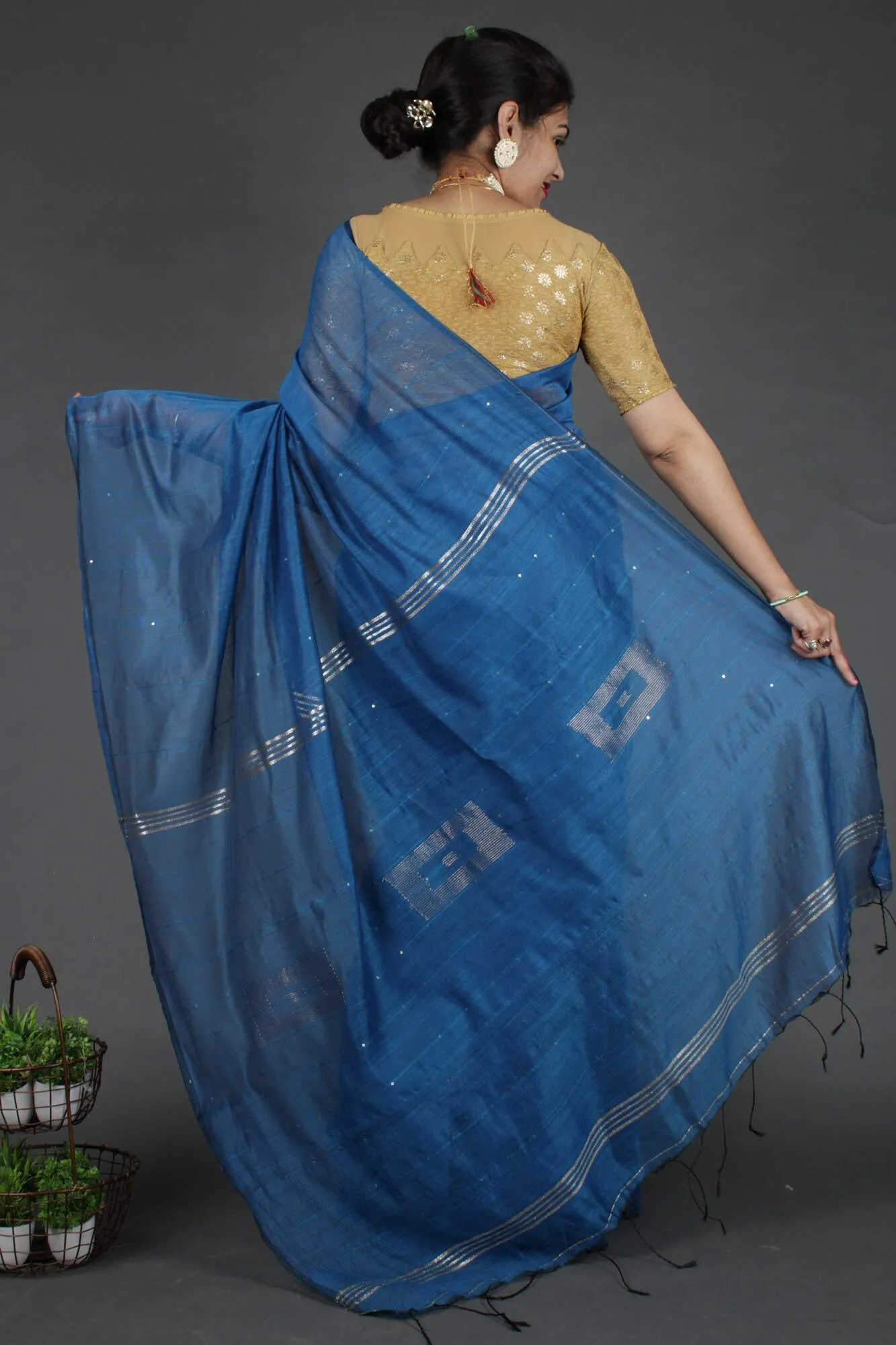 Teal Blue Cotton Silk Pure Handloom Saree With Sequin Block Work and Zari wrap in 1 minute saree