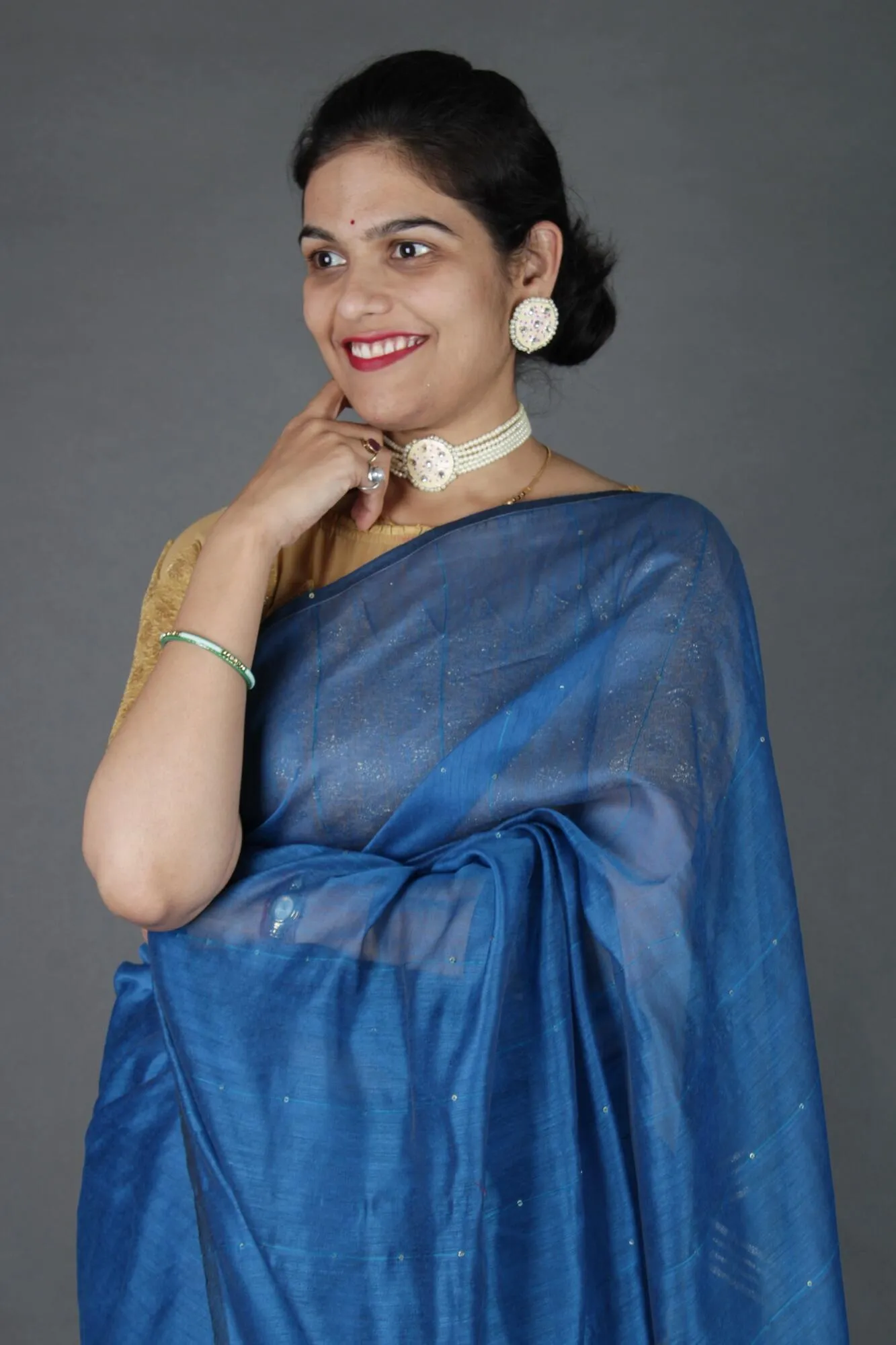 Teal Blue Cotton Silk Pure Handloom Saree With Sequin Block Work and Zari wrap in 1 minute saree