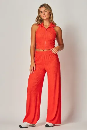Tomato Red Crinkle Textured Collar Zip-up 2pc Loungewear Set