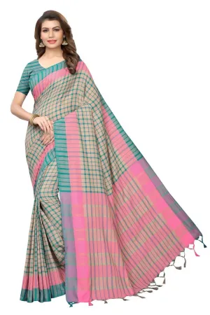 Turquoise Striped Cotton Silk Saree With Blouse Piece