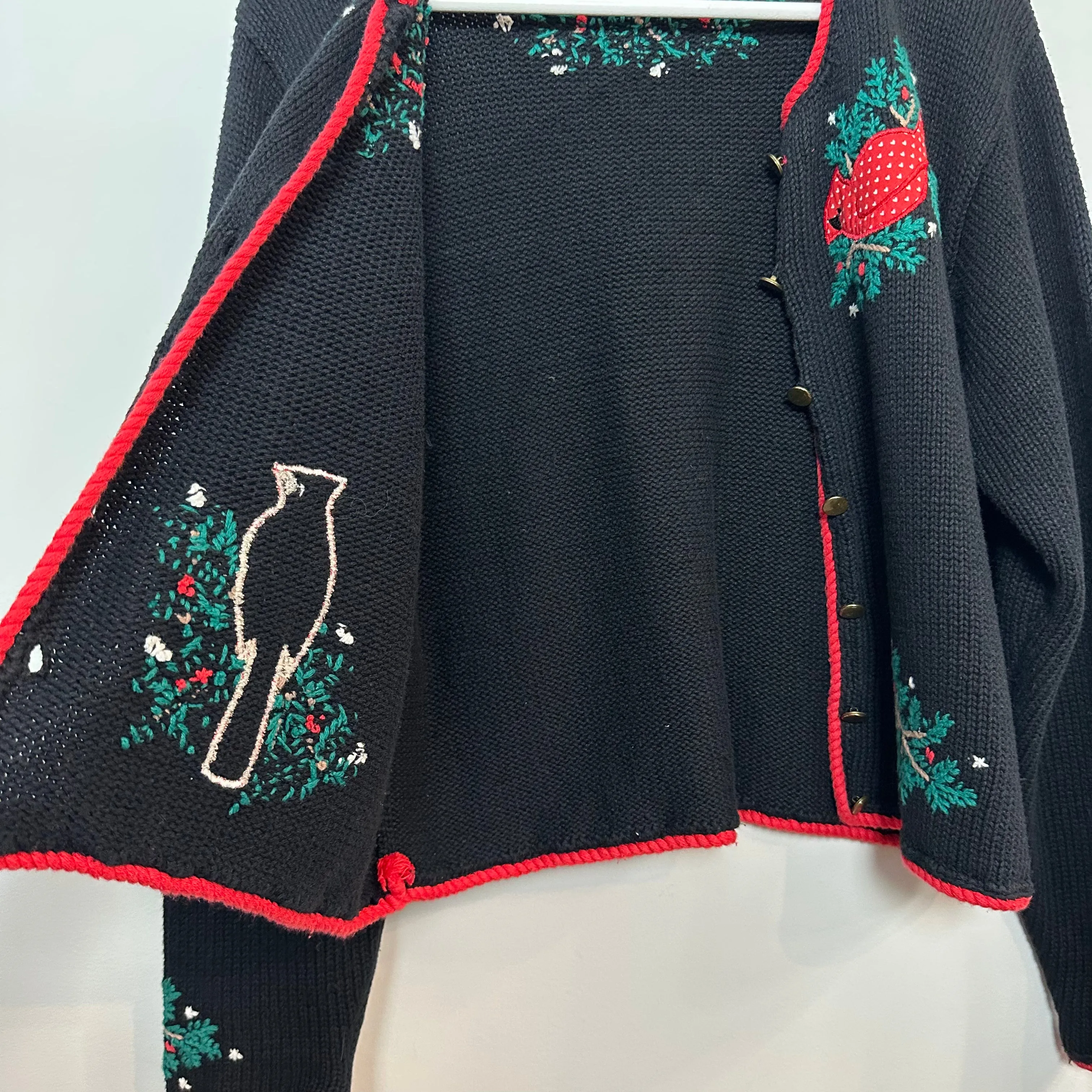 Vintage 90s Orvis Christmas Cardigan Sweater Cardinal and Holly Chunky Knit Medium