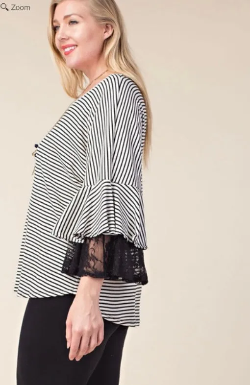 Vocal Plus Striped Top Blouse 3/4 Sleeve Lace Bell Ruffle Black Ivory