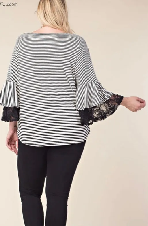 Vocal Plus Striped Top Blouse 3/4 Sleeve Lace Bell Ruffle Black Ivory