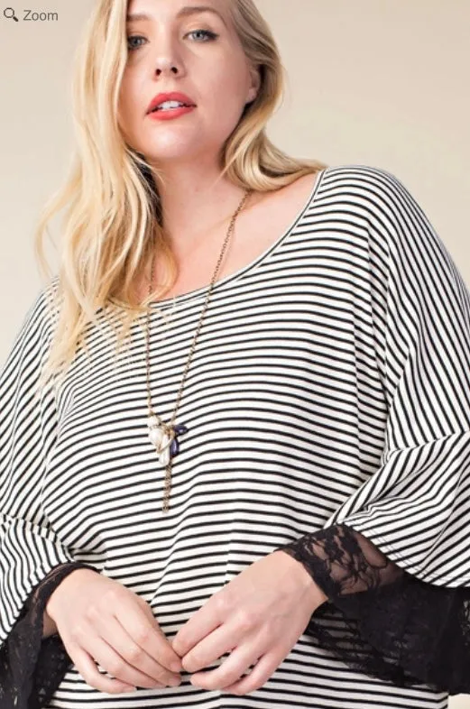 Vocal Plus Striped Top Blouse 3/4 Sleeve Lace Bell Ruffle Black Ivory