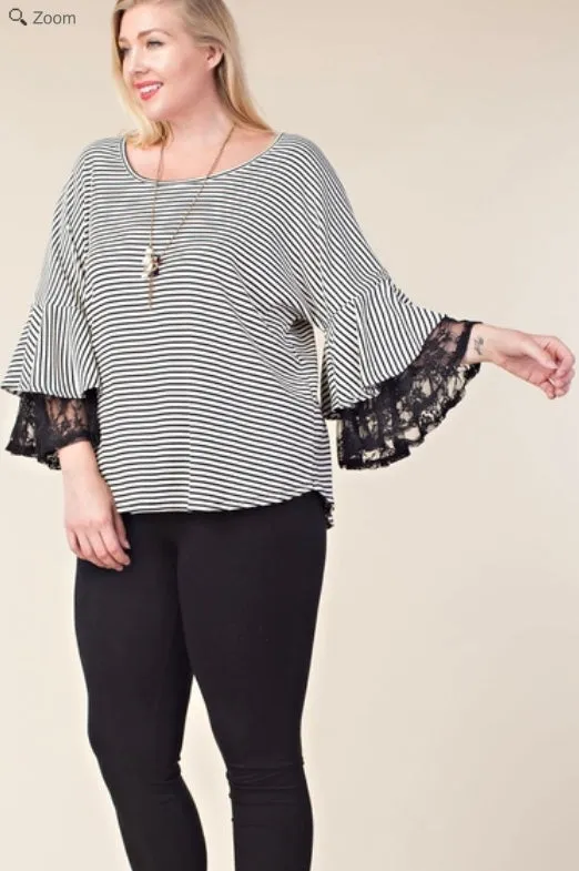 Vocal Plus Striped Top Blouse 3/4 Sleeve Lace Bell Ruffle Black Ivory