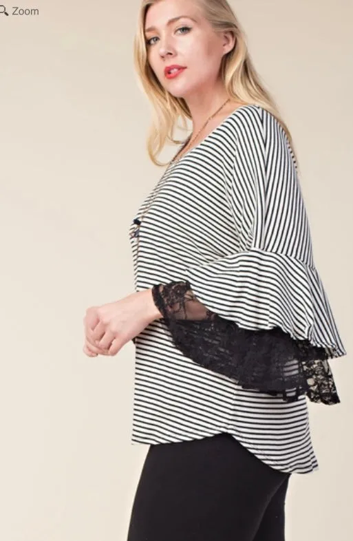 Vocal Plus Striped Top Blouse 3/4 Sleeve Lace Bell Ruffle Black Ivory