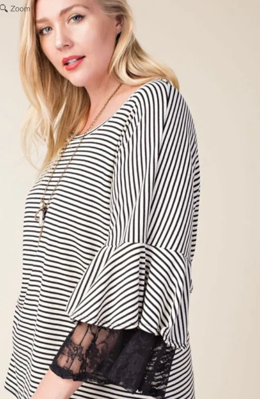 Vocal Plus Striped Top Blouse 3/4 Sleeve Lace Bell Ruffle Black Ivory