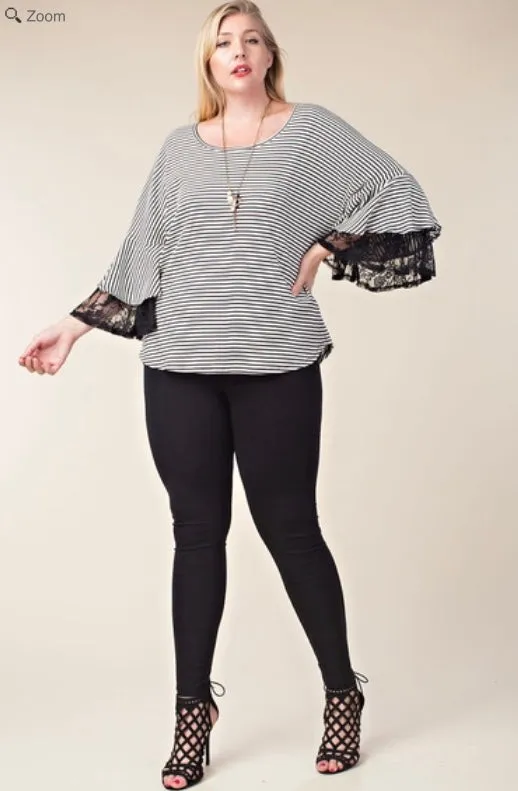 Vocal Plus Striped Top Blouse 3/4 Sleeve Lace Bell Ruffle Black Ivory