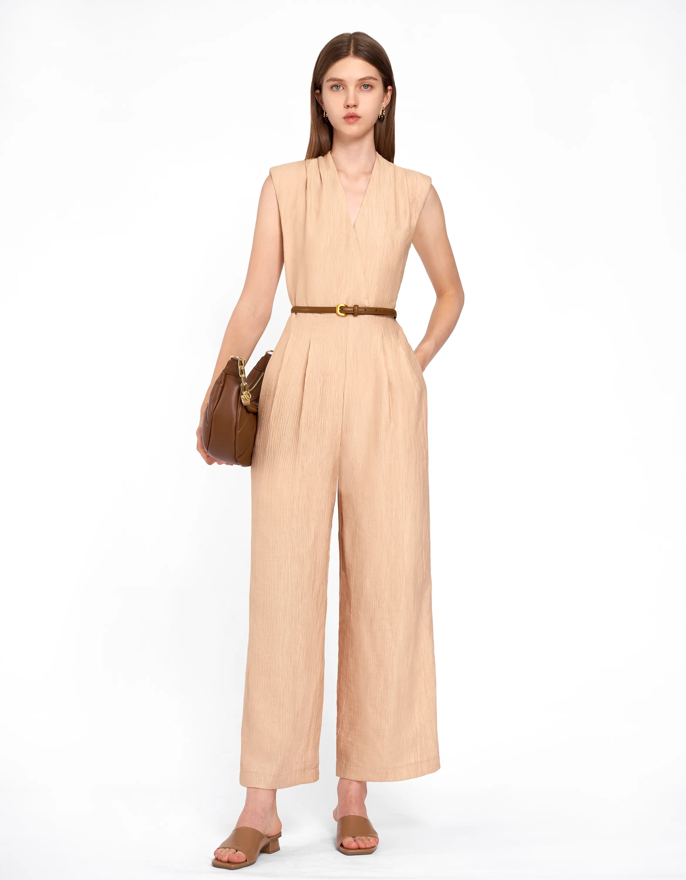 Wide Leg Textured Belted Jumpsuit