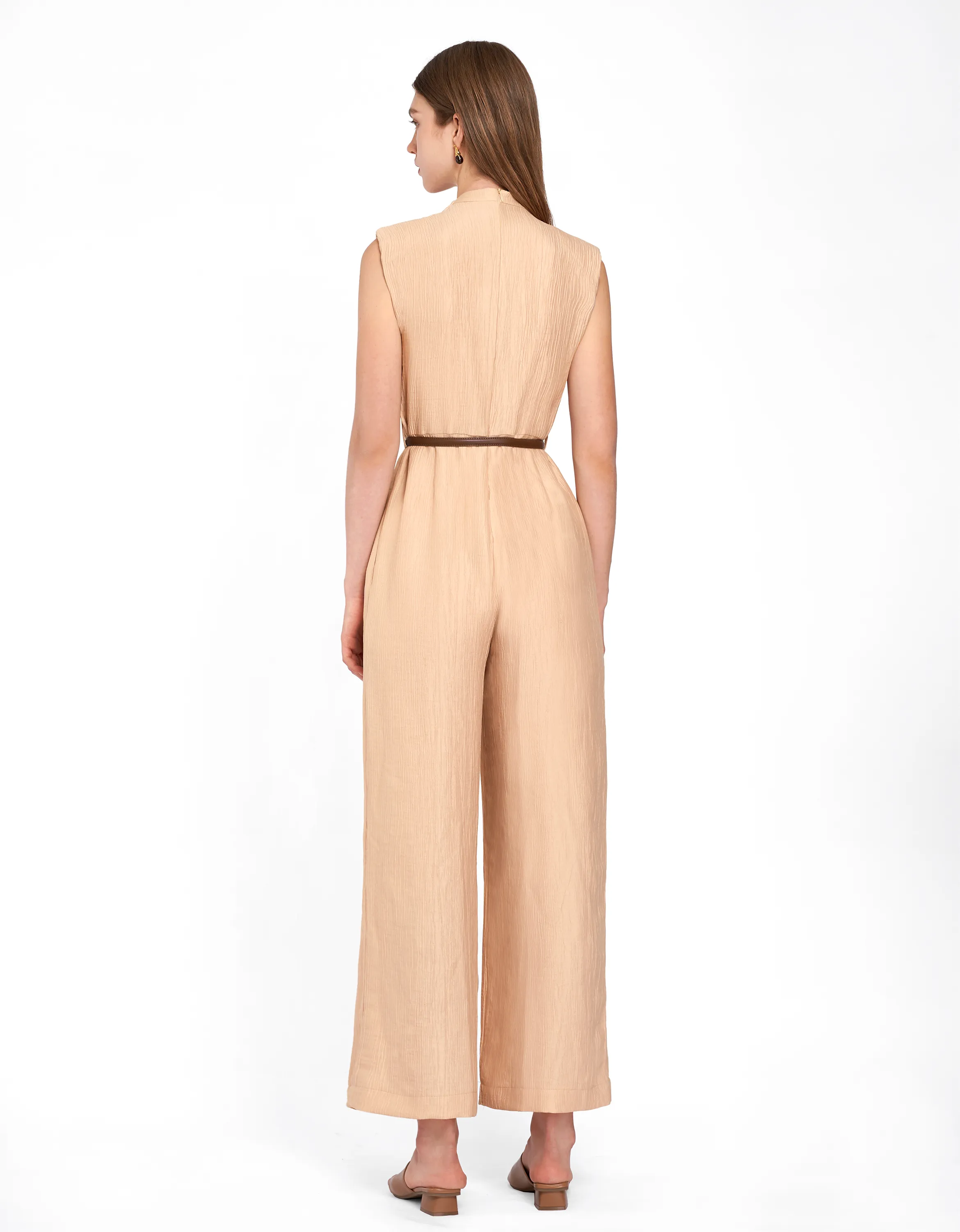 Wide Leg Textured Belted Jumpsuit