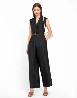 Wide Leg Textured Belted Jumpsuit