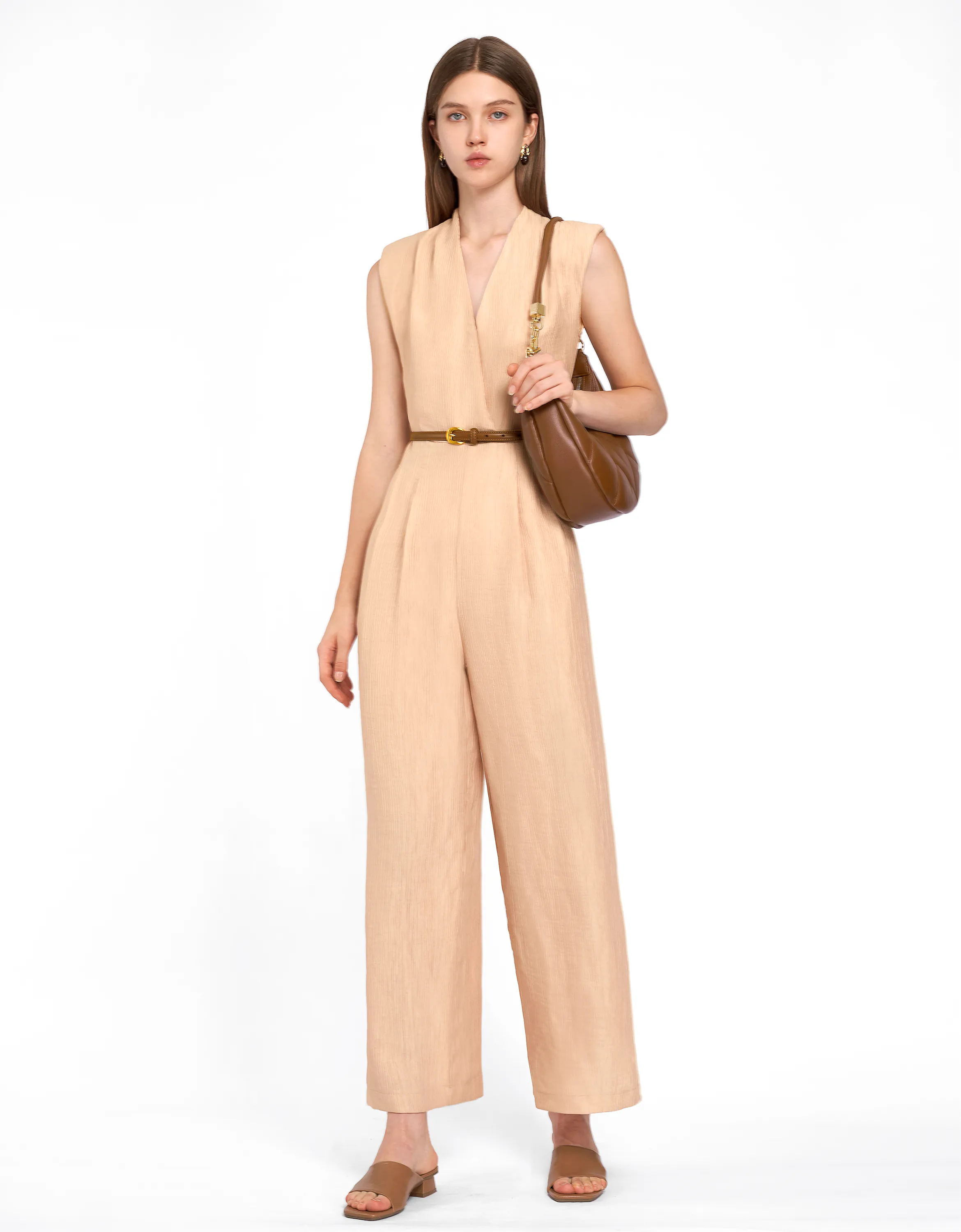 Wide Leg Textured Belted Jumpsuit
