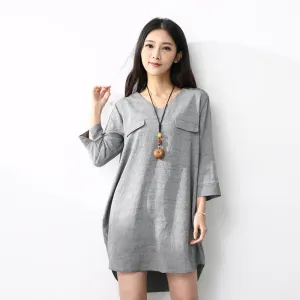 Women Blouses Spring Summer 2018 Casual Ladies V Neck Shirt Grey 3/4 Sleeve Ruffled Hem Loose Long Female Cotton Linen Blouse