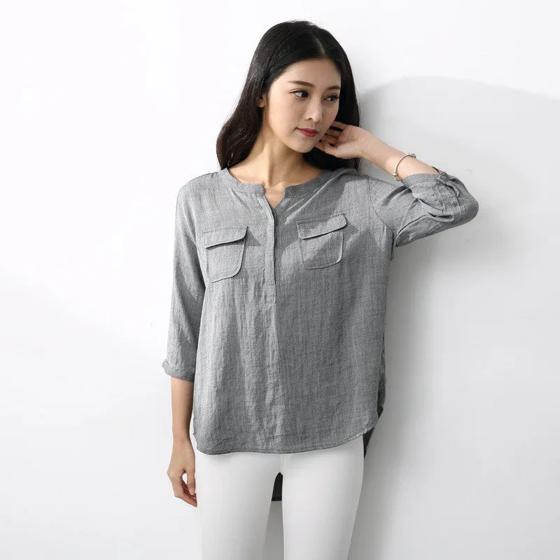 Women Blouses Spring Summer 2018 Casual Ladies V Neck Shirt Grey 3/4 Sleeve Ruffled Hem Loose Long Female Cotton Linen Blouse