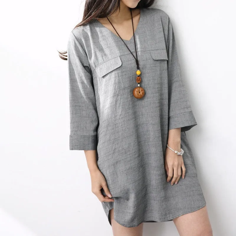 Women Blouses Spring Summer 2018 Casual Ladies V Neck Shirt Grey 3/4 Sleeve Ruffled Hem Loose Long Female Cotton Linen Blouse