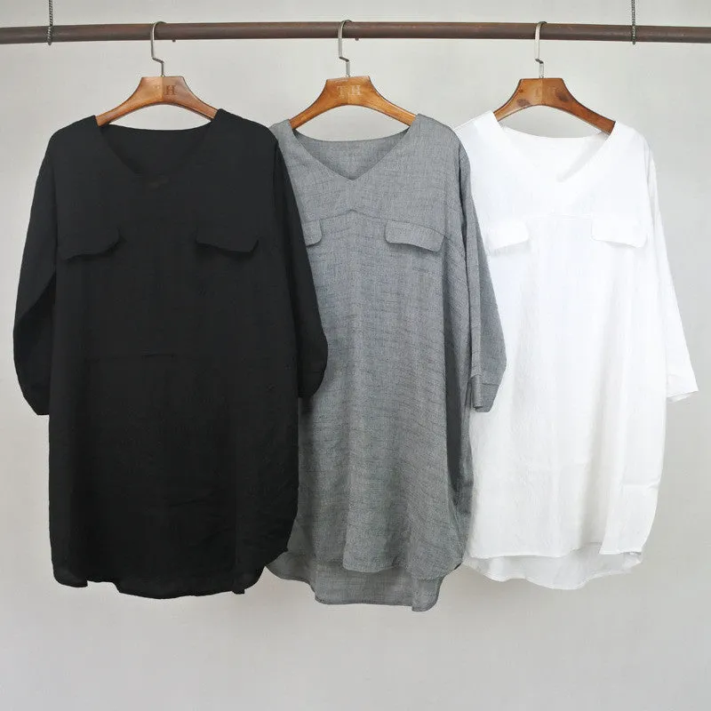 Women Blouses Spring Summer 2018 Casual Ladies V Neck Shirt Grey 3/4 Sleeve Ruffled Hem Loose Long Female Cotton Linen Blouse