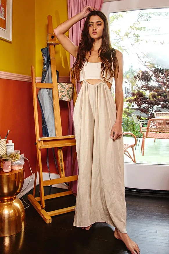 Women’s Bucketlist casual light taupe boho wide leg solid knit textured suspender pants