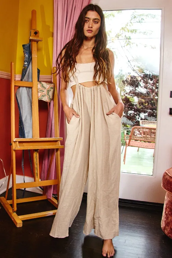 Women’s Bucketlist casual light taupe boho wide leg solid knit textured suspender pants