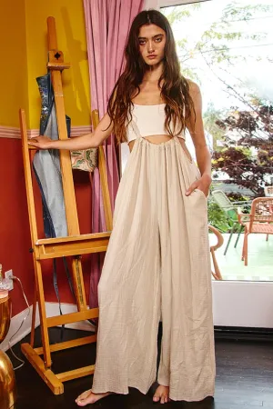 Women’s Bucketlist casual light taupe boho wide leg solid knit textured suspender pants