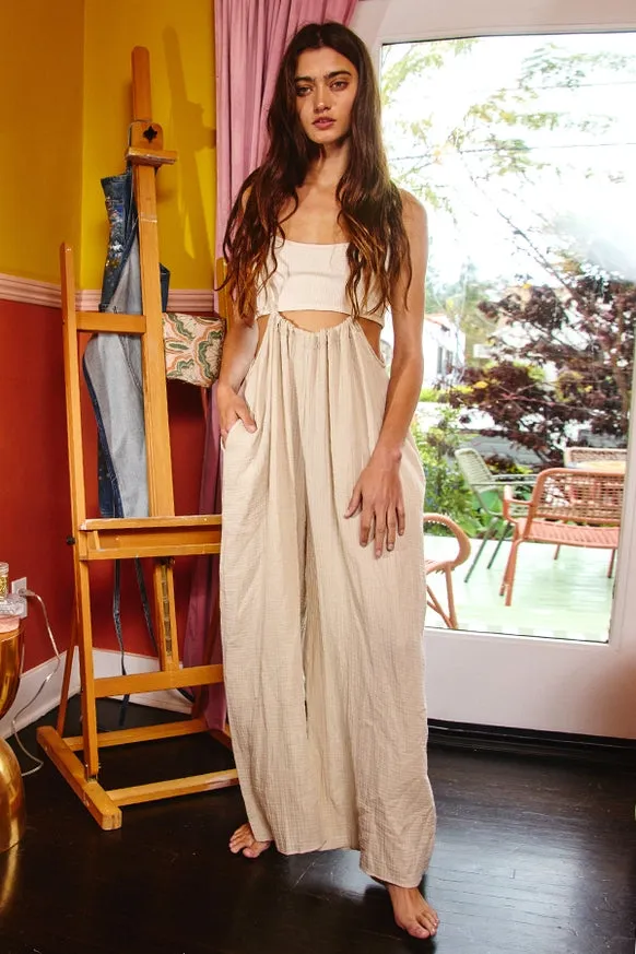 Women’s Bucketlist casual light taupe boho wide leg solid knit textured suspender pants