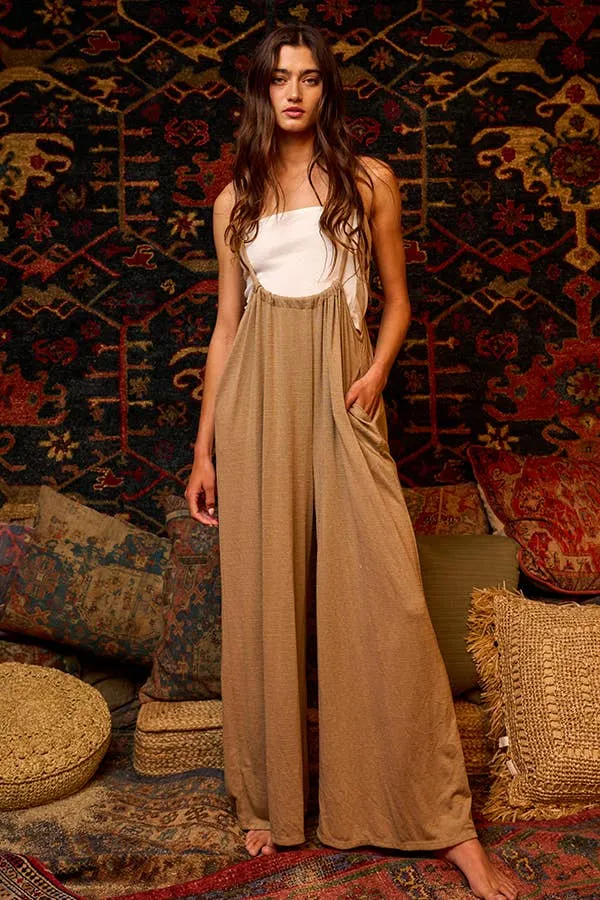 Women’s Bucketlist casual taupe boho wide leg solid knit textured suspender pants