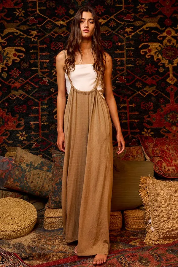 Women’s Bucketlist casual taupe boho wide leg solid knit textured suspender pants