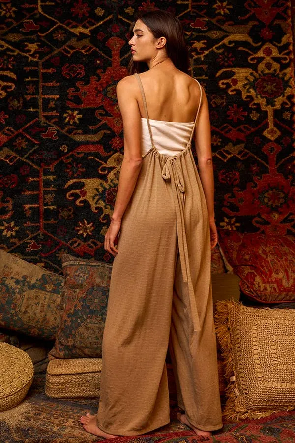 Women’s Bucketlist casual taupe boho wide leg solid knit textured suspender pants