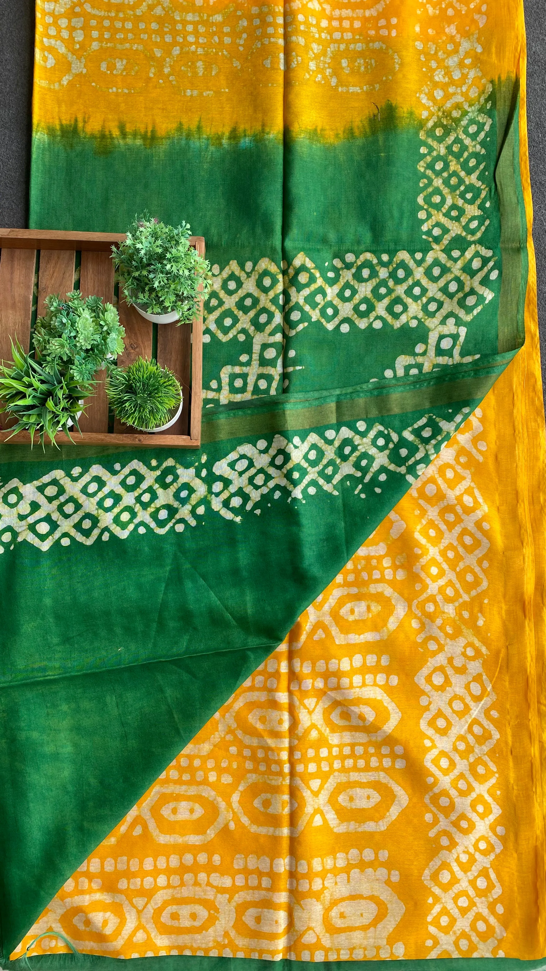 Yellow & green printed cotton saree with blouse