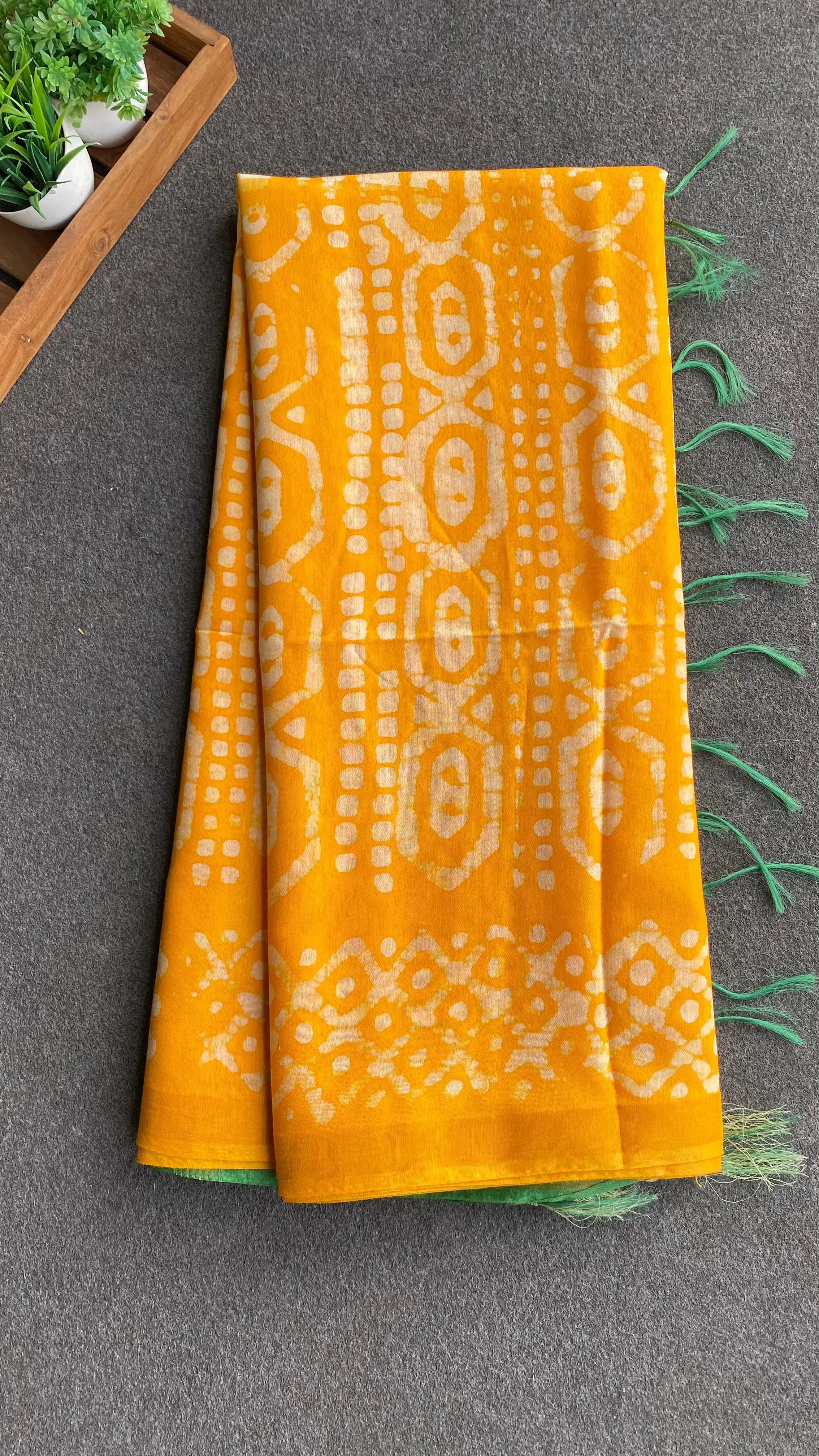 Yellow & green printed cotton saree with blouse