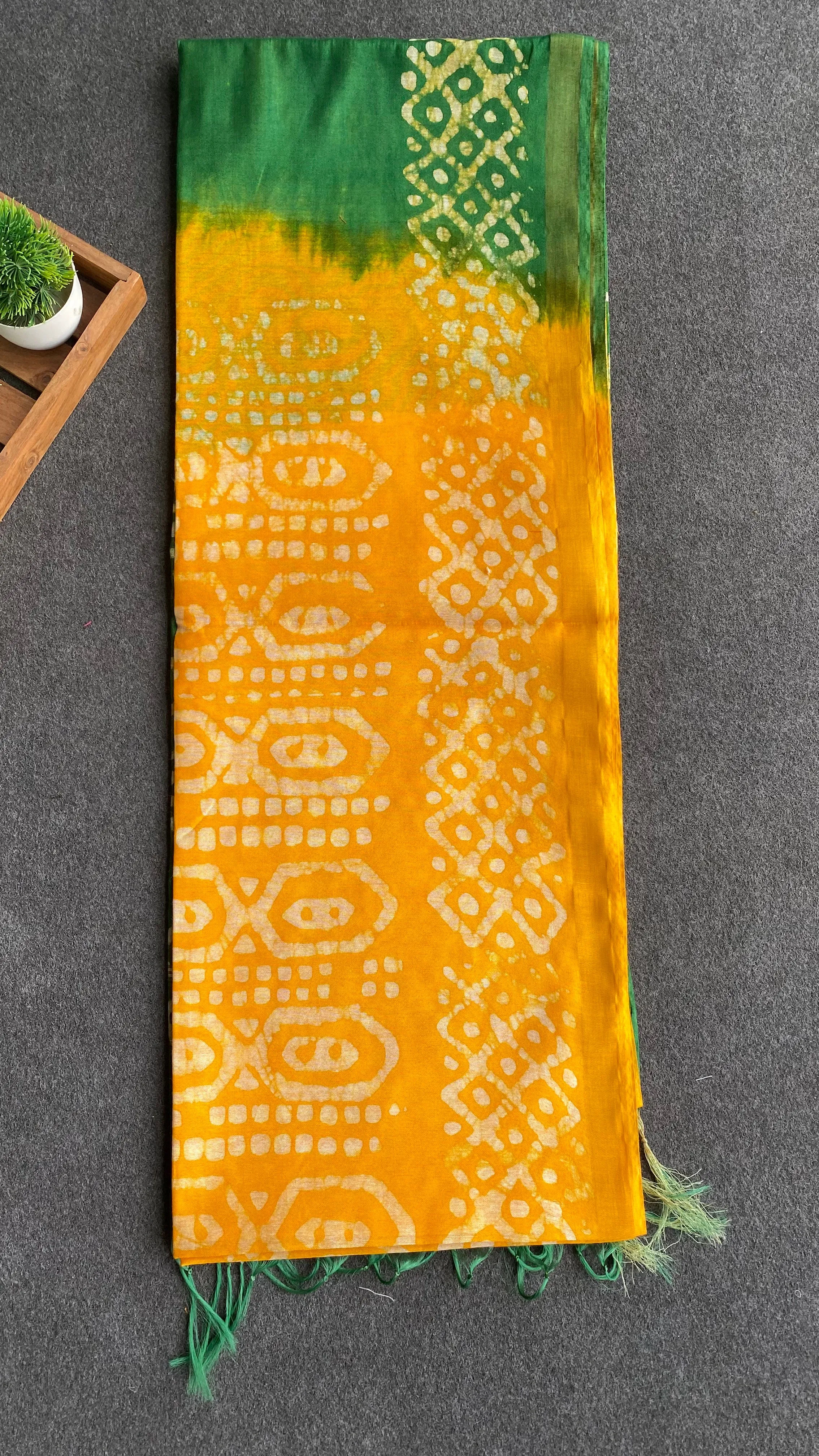 Yellow & green printed cotton saree with blouse