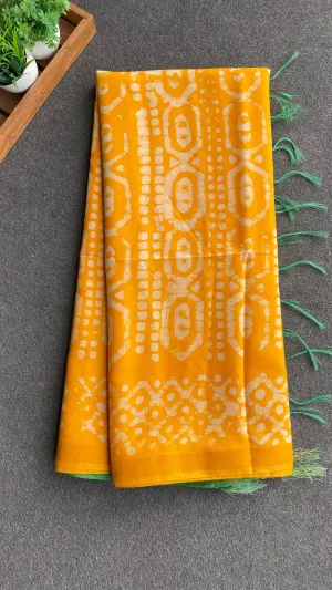 Yellow & green printed cotton saree with blouse
