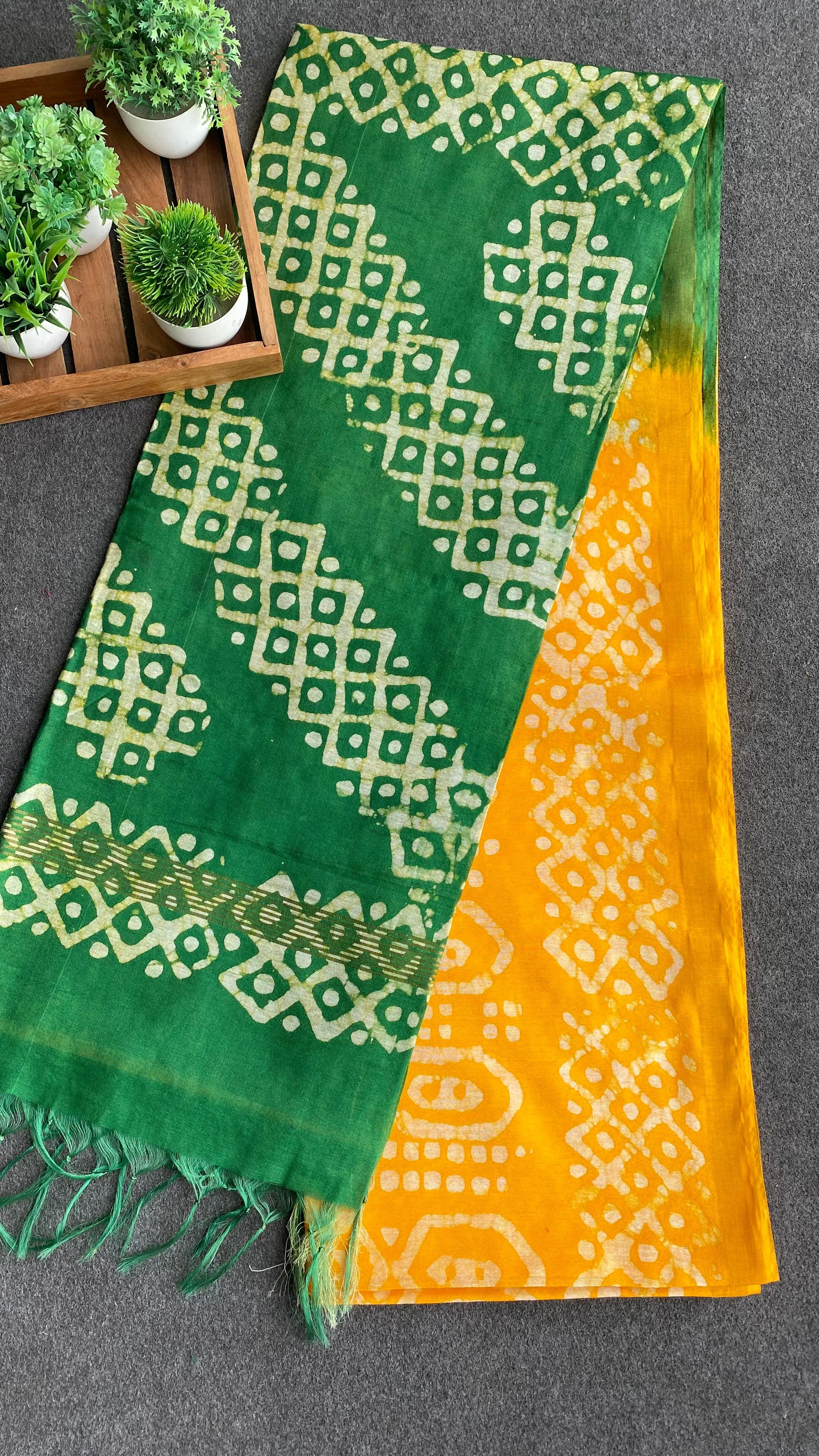 Yellow & green printed cotton saree with blouse